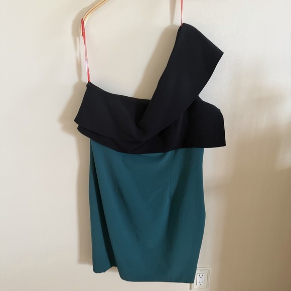 ML Monique LHuillier Off-Shoulder Midi Dress Green Black Sz 14  EUC Classic Mini - Picture 9 of 16